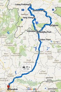Route midden Laos en Bangkok